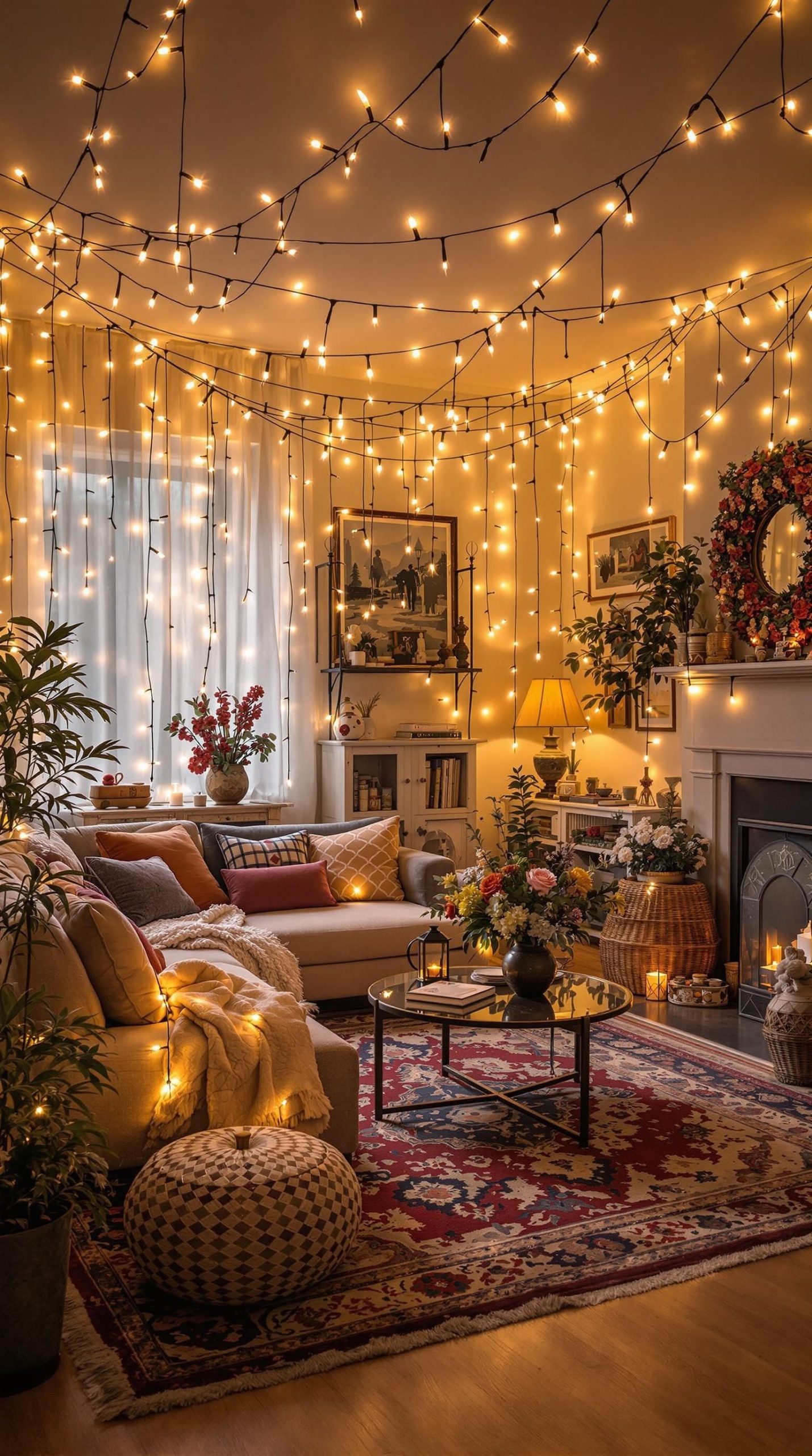 29 Ambient Lighting Tips For Ultimate Coziness | String Light Ceiling ... for Warm Interior Design Ideas