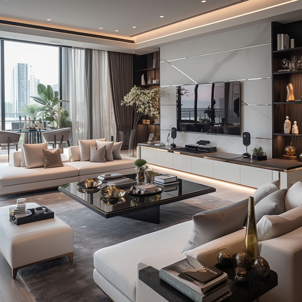 An Inviting L-Shaped Sofa Anchors This Penthouse’s Spacious Living Room ... for How To Arrange Furniture In Modern Homes