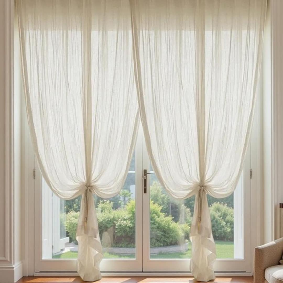 Semi-Sheer Crinkled Linen Look Curtains – Light Filtering Boho Drapes ... for Living Room Curtains On A Budget